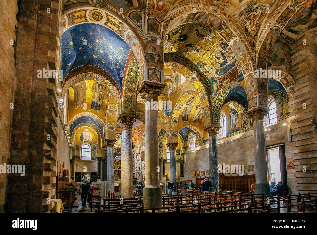Interior with gold mosaics of the Church of Santa Maria dell`Ammiraglio (Admiral Church), Palermo, Sicily, Italy Stock Photo